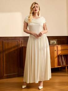 Vintamour Plus Size Women's Solid Color Draped Neck Ruffle Waist Midi Dress - Apricot - View 3