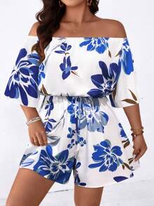 SHEIN Holidaya Plus Size Women Off Shoulder Floral Print Romper - Multicolor - View 1