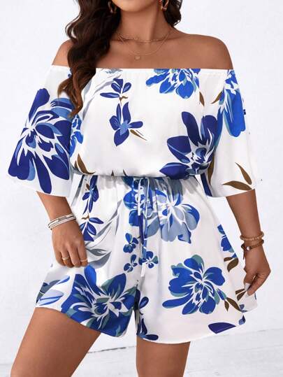 SHEIN Holidaya Plus Size Women Off Shoulder Floral Print Romper