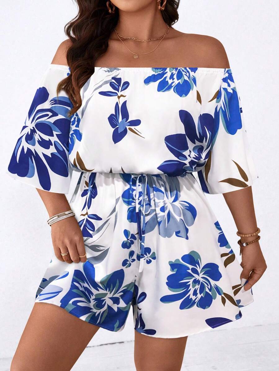 SHEIN Holidaya Plus Size Women Off Shoulder Floral Print Romper - Multicolor - View 1