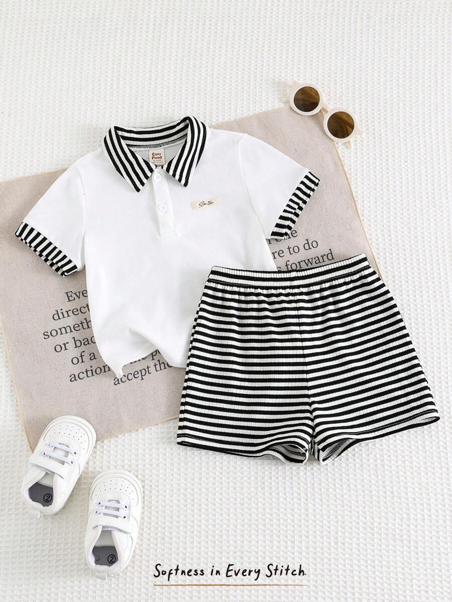Cozy Pixies 2pcs/Set Baby Boy Striped Collar Short Sleeve Cardigan & Elastic Waist Shorts Set - Multicolor - View 1