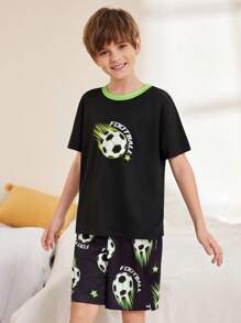 FamilyFrolics Pigiama da bambino con stampa calcio, composto da top con colletto e pantaloncini corti