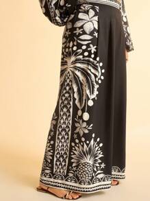 CAJUNI Plus Size Women Tropical Coconut Tree Printed Casual Wide Leg Extra Long Beach Pants