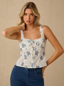 Enchnt 女士花卉印花蕾丝拼布系带休闲吊带背心 - 藍色 - 查看 1