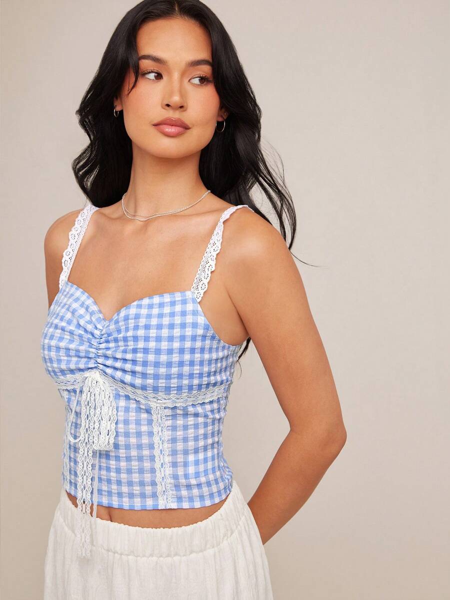 WESTFADE 棉质混纺格子细肩带可爱蝴蝶结前花蕾丝肩带无袖波西米亚牛仔背心西部纳什维尔牛仔夏季海滩度假吊带可爱早午餐上衣