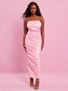 NYA SZN Dress Latex Look Vinyl Strapless Pastel Wet Look Midi Special Occasion Summer Spring Statement Festival Carnival Outfits For Concert Vacation Birthday Going Out Club Statement Festival Carnival Outfits For Women - Baby Pink - View 3