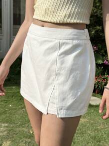 SHEIN EZwear 白色低腰休闲纯色女士开衩裙 - 白色 - 查看 5