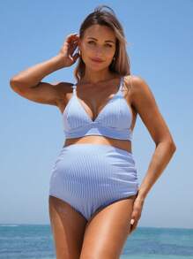 SHEIN Bottom de traje de baño de maternidad a rayas con cintura alta y fruncido