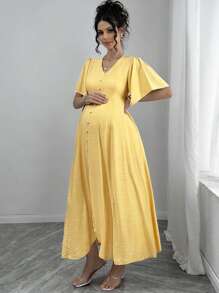 Momance マタニティイエロードレス Vネック フリル袖 前ボタンデコレーション 非対称ヘムライン - イエロー - チェックする 5