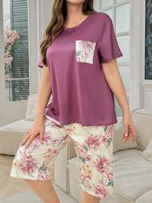 SHEIN New Floral Print Patch Pocket Loose Casual Short Sleeve T-Shirt And 3/4 Pants Pajamas Set, Plus Size