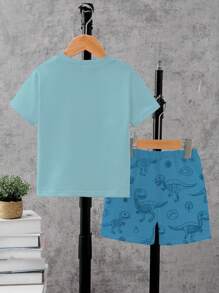 SHEIN Playful Pals 1 Set Toddler Boys Cute Cartoon Dinosaur Head And Dinosaur Skeleton Print Short Sleeve T-Shirt And Shorts Set, Lightweight Casual For Spring/Summer Wear