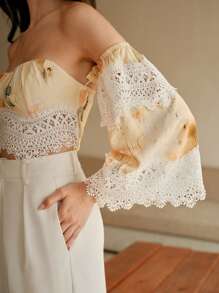 Anewsta Camicetta corta da donna con scollo a spalle scoperte, in pizzo e pannelli, moda, estiva, per festival, elegante, per vacanze, casual, di classe, adatta anche per la spiaggia