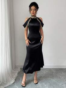 Chiquease Váy không tay viền ren vàng tua rua lãng mạn thanh lịch dành cho nữ - màu đen - Xem 6