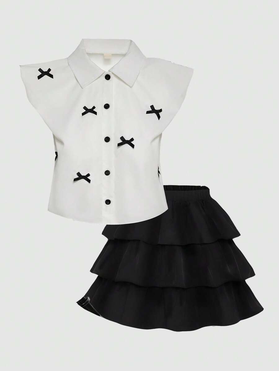 SHEIN Explorewe Tween Girls Polo Collar Cap Sleeve Blouse With 3D Bow Ruffle Puff Sleeves Top And French Cake Puff Skirt - White - View 1