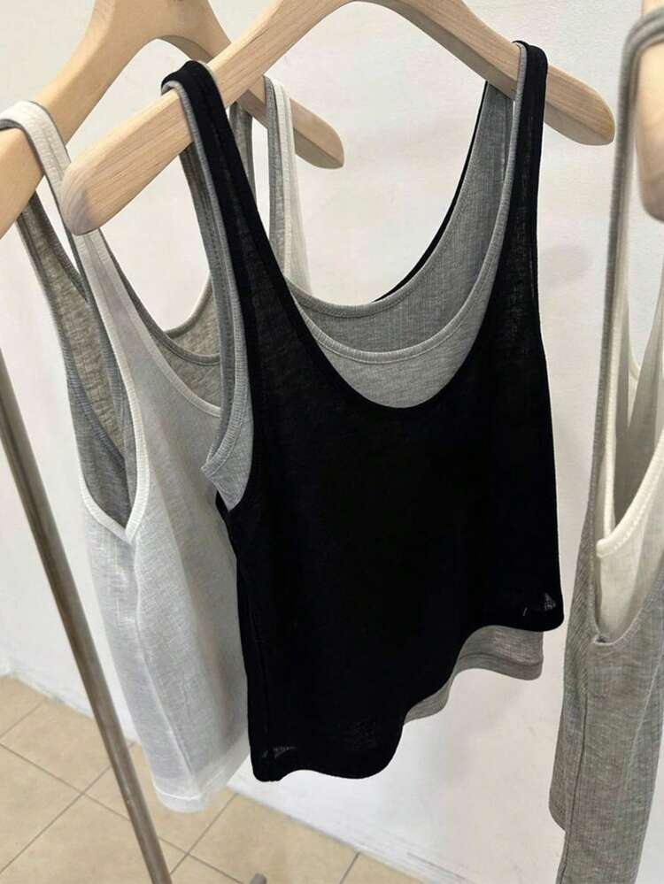 Women's Color Block Patchwork 2 In 1 Crew Neck Fitted Black Tank Top, Spring/Summer