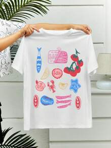 INAWLY Camiseta de manga corta con estampado de frutas y comida para mujer, camiseta casual de verano para señoras