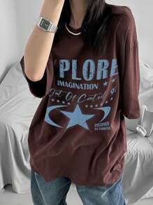 DAZY Women's Letter Print Contrast Color Loose Round Neck Short Sleeve T-Shirt, Spring, Summer Graphic Tee Oversized T-Shirt, Teacher - Brown - View 5