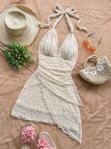 Soleia 全新波西米亚风格音乐节针织网眼粉色蝴蝶印花吊带不对称下摆迷你连衣裙 - 米色 - 查看 4