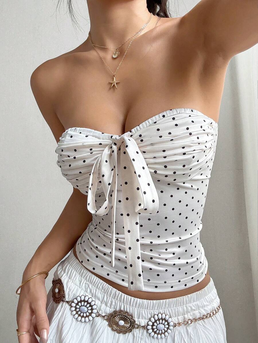 Flirla Petite Women's Casual Front Knot Polka Dot Print Cropped Top - White - View 1