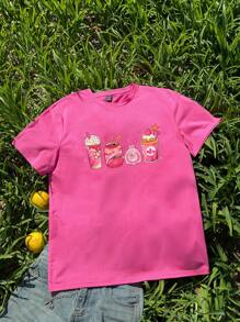 Tseoso 卡通圖案落肩袖超大號T恤 - 粉色 - 查看 3