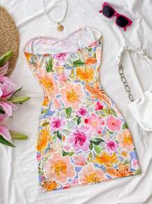 SHEIN 少女度假休闲花朵全印花抹胸花卉印花迷你连衣裙，适合春夏季连衣裙