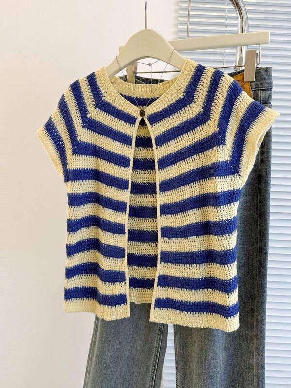 Franclia New Fashion Niche Design Striped Crew Neck Unique And Versatile Cardigan For Women, Slimming