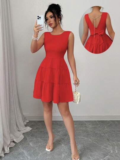 Elenzga Women's Solid Color Round Neck Sleeveless Backless Knot Elegant Dress