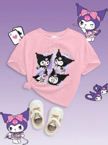 HELLO KITTY AND FRIENDS | SHEIN 年轻女孩黑色卡通印花休闲百搭针织短袖T恤 - 粉色 - 查看 6