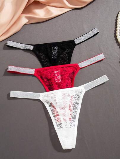 SHEIN 3pcs Women's Sexy Lace Thong Panties