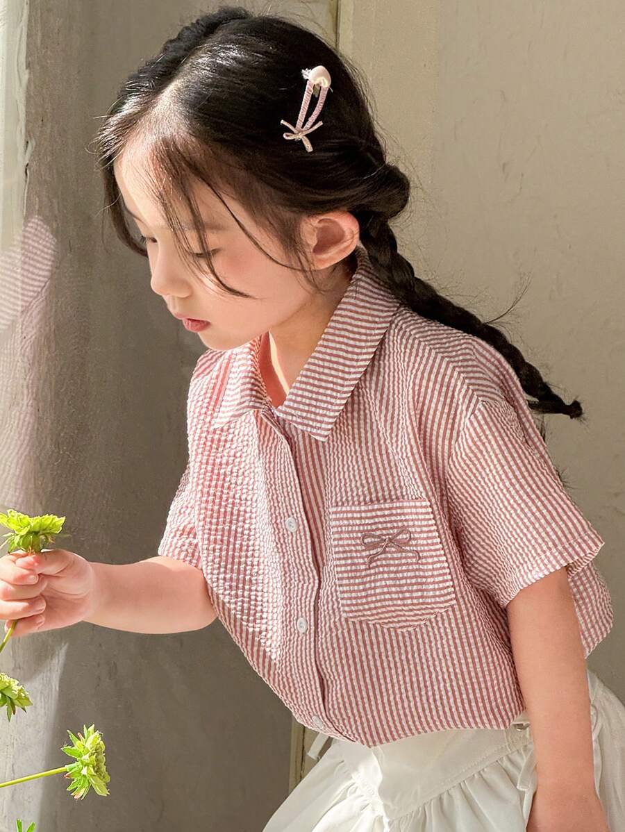 SHEIN 可爱甜美粉色蝴蝶结少女宽松条纹领休闲衬衫 - 粉色 - 查看 1
