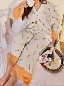 CottageSlumber Plus Size Floral Print Contrast Ruffle Trim Collar Long Sleeve Long Pants Pajama Set Holiday Season - Multicolor - View 6