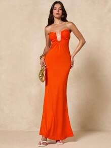 SHEIN BAE Váy Bandeau màu cam trơn mùa hè dành cho nữ có khóa kim loại hình chữ U, eo bó, viền loe, thích hợp cho các sự kiện, tiệc tùng, kỳ nghỉ, đám cưới - trái cam - Xem 5