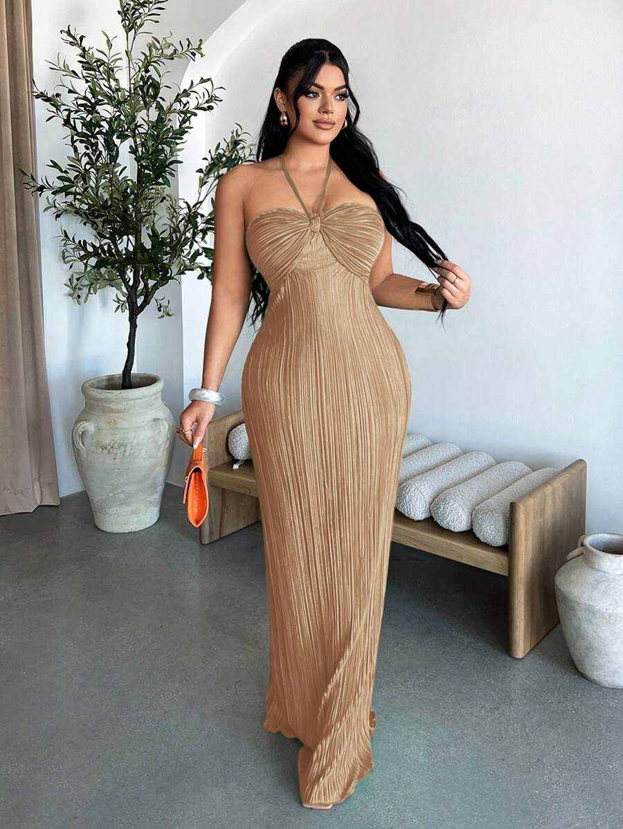 SHEIN SXY 女式夏季海滩度假风格纯色荷叶边吊带连衣裙 - 卡其色 - 查看 1
