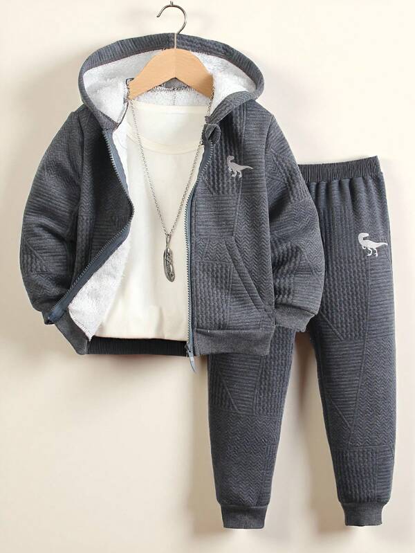 SHEIN 2pcs Cute Cartoon Printed Zip-Up Hooded Jacket And Sweatpants Suit, Casual Street Style, Cozy For Autumn/Winter