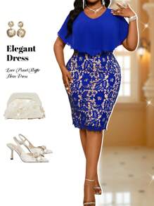 SHEIN Lady Abito elegante aderente, con pannello in pizzo e volant sul fondo, per donne taglie forti
