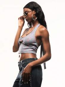 TypaGal Vacation Style Iridescent Ribbed Halter Neck Self Tie Design Tank Top - Multicolor - View 5