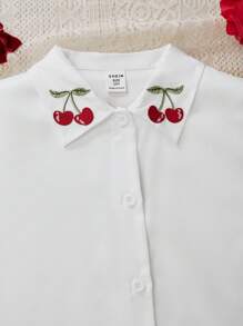 SHEIN Explorewe Camicia con colletto arricciato ricamato, maniche a sbuffo e fiocco decorativo sul davanti per ragazze pre-adolescenti - Bianco - Visualizzare 6