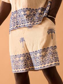 Musero Pantaloncini in lino da uomo con ricamo di palme, adatti per ed estate, vacanze, spiaggia, eventi e festival, stile Ibiza - Multicolore - Visualizzare 5