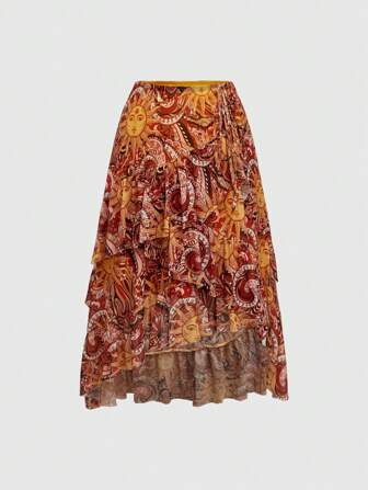 Hippie Damen Retro Paisley Blume Muster Volantbesatz Asymmetrischer Saum Große Größen Rock