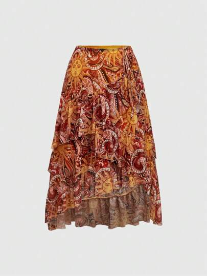 Hippie Women's Retro Paisley Floral Print Ruffle Hem Asymmetrical Hem Plus Size Skirt