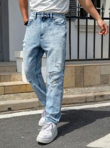 Manfinity Roghcode Men's Summer Distressed Denim Jeans With Pockets, Relaxed Fit - Light Wash - View 4