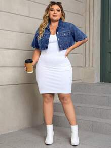 SHEIN SXY Plus Size Plain Pocket Front Button Casual Short Sleeve Denim Shirt Women Plus Clothing Formal Women Clothes Women Summer Shirts Summer Clothes Women Casual Dress - Dark Wash - View 4