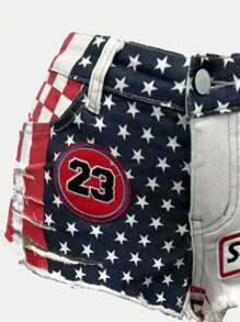 ROMWE Avant Plus Size American Flag Patchwork Distressed Low Waist Denim Shorts - White - View 3