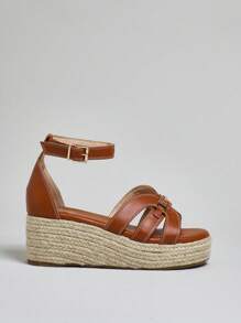 SHUZIA 女式踝带帆布坡跟鞋 - 棕色 - 查看 4