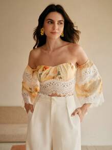 Anewsta Camicetta corta da donna con scollo a spalle scoperte, in pizzo e pannelli, moda, estiva, per festival, elegante, per vacanze, casual, di classe, adatta anche per la spiaggia