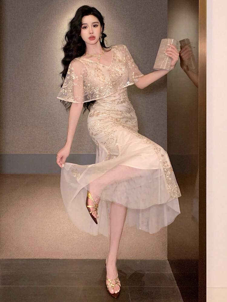 1pc Women's Shiny Sequin Mermaid Style Shawl Collar Dress, Mesh Patchwork Wedding Party Gown'