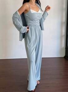 DAZY Conjunto de pijama de 3 piezas con bata, top camiseta y pantalones con encaje y contraste de colores dulces para mujer, ropa de otoño e invierno