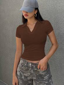 DAZY Camiseta casual de manga corta de ajuste ceñido, cuello de polo, lisa para mujer - Marrón - Ver 3