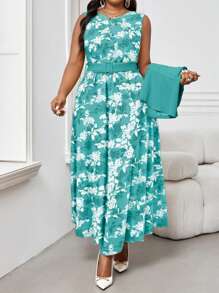 Fleurora 2 件大码女士商务抽象波浪印花简约圆领系带假日中长连衣裙套装外出服两件套服装 - 彩色 - 查看 2