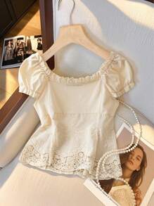 Franclia 女士甜美优雅荷叶边撞色蕾丝露肩双向修身短款衬衫，春夏